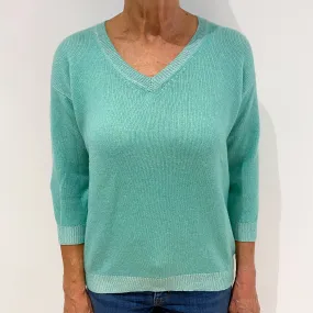 Mint Green 3/4 Sleeved Cashmere V-Neck Jumper Medium
