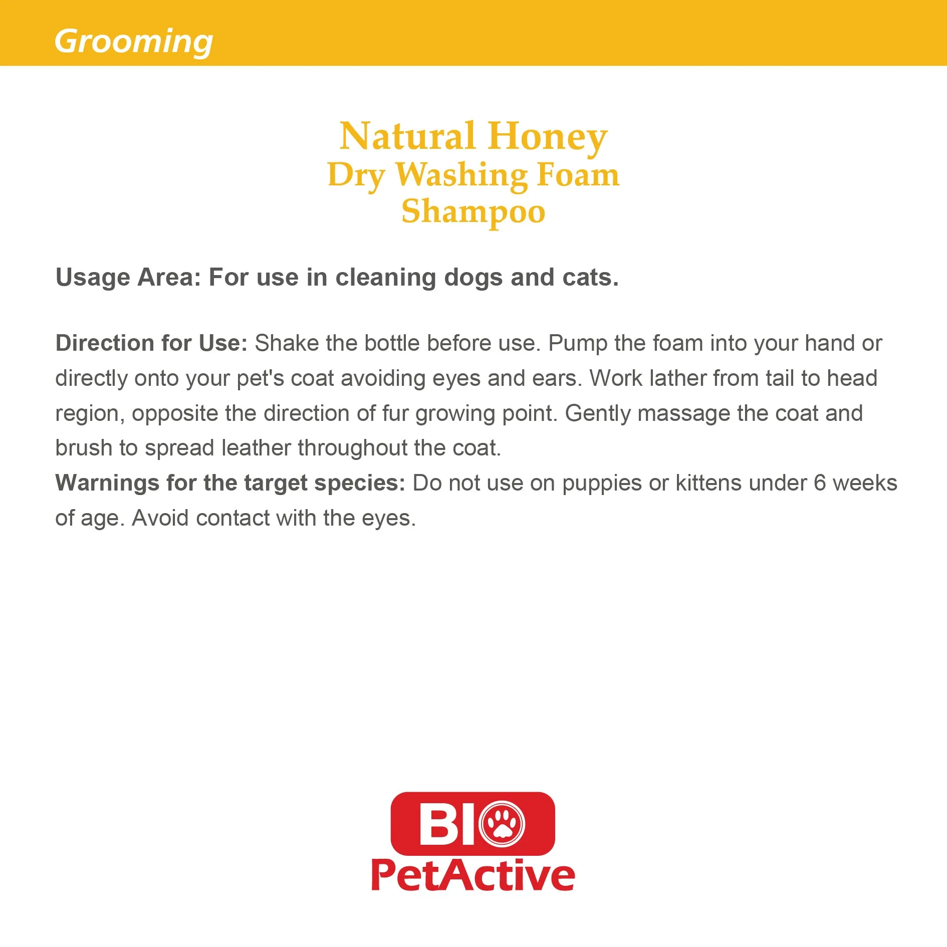 NATURAL HONEY DRY WASHING FOAM SHAMPOO FOR CAT