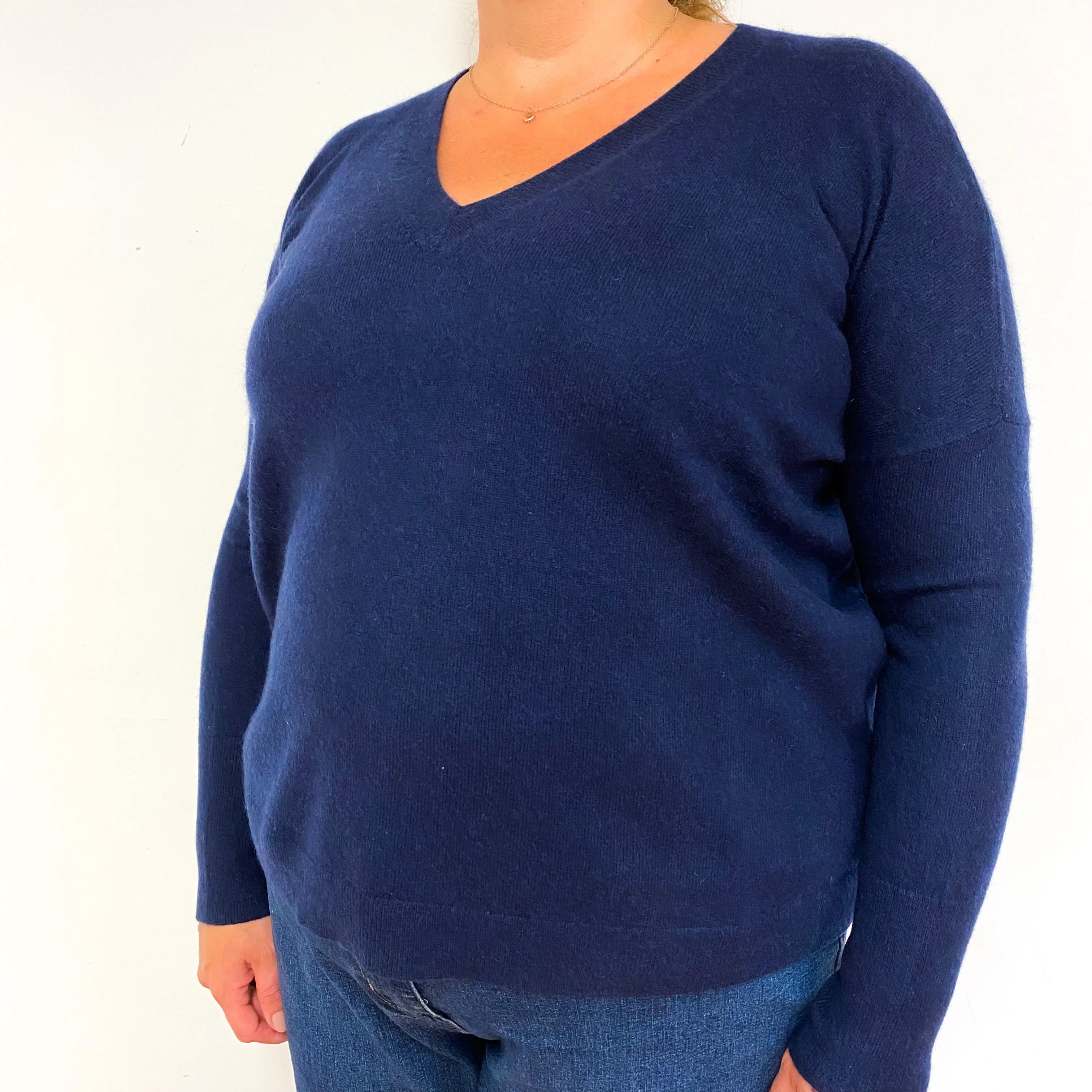 Navy Blue Boxy Cashmere V-Neck Jumper Extra Large