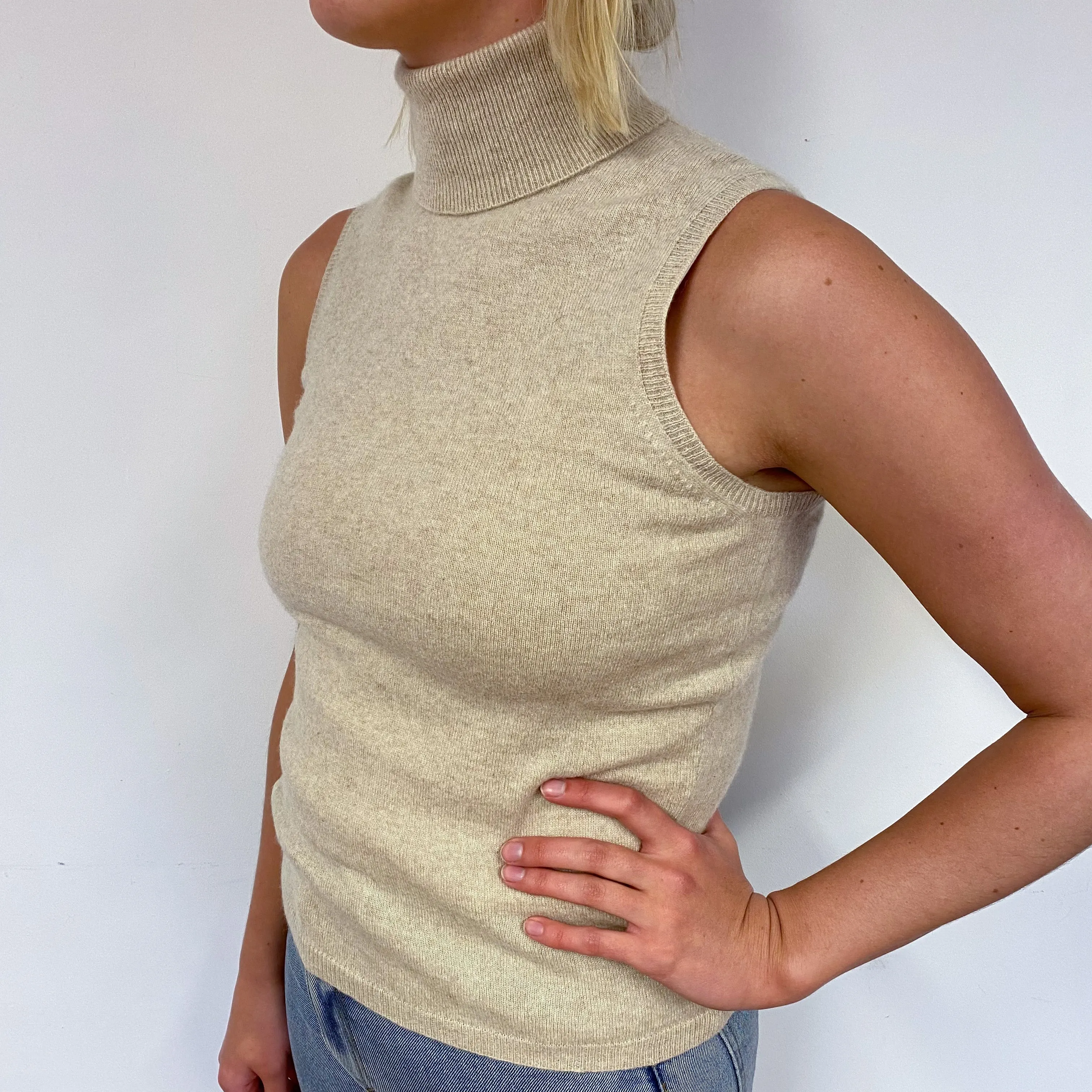 Oatmeal Beige Cashmere Sleeveless Polo Neck Jumper Small
