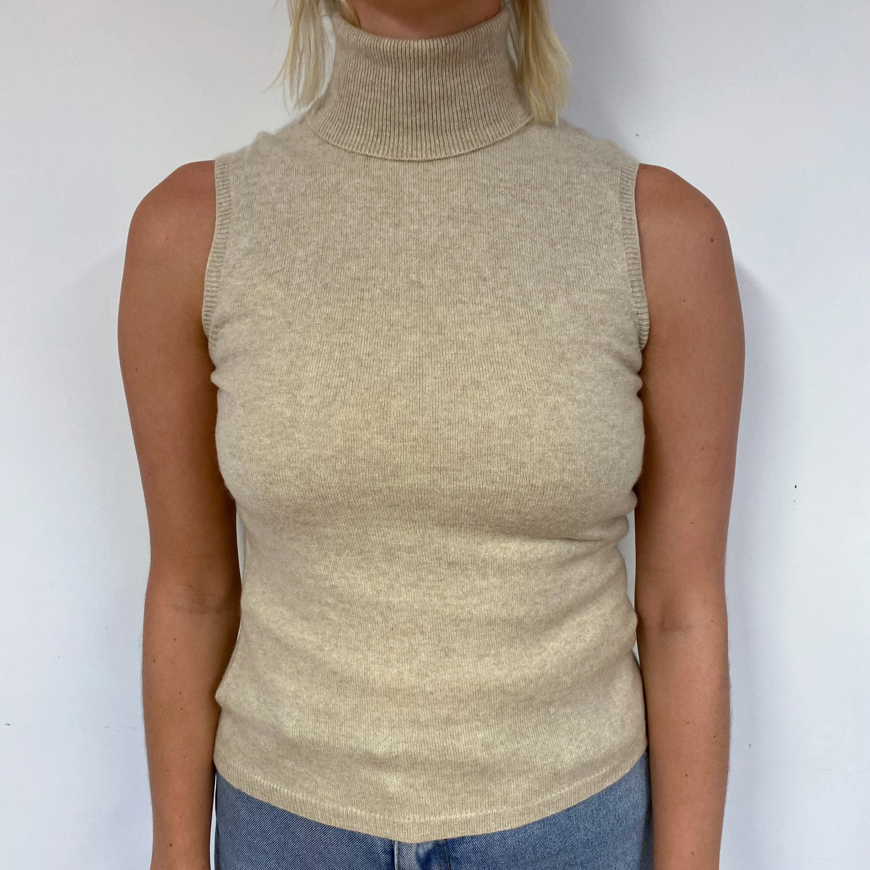 Oatmeal Beige Cashmere Sleeveless Polo Neck Jumper Small