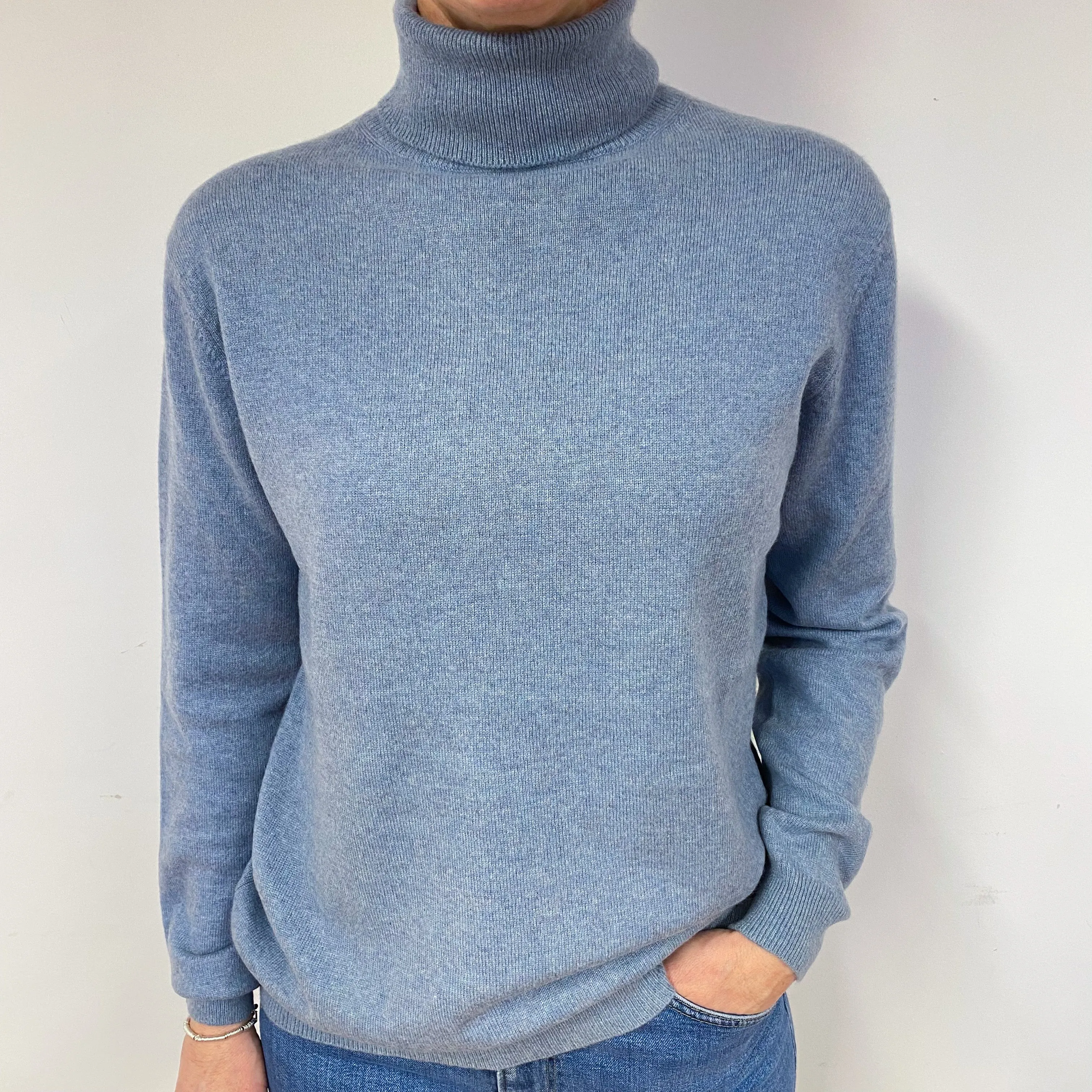 Pale Denim Blue Cashmere Polo Neck Jumper Medium
