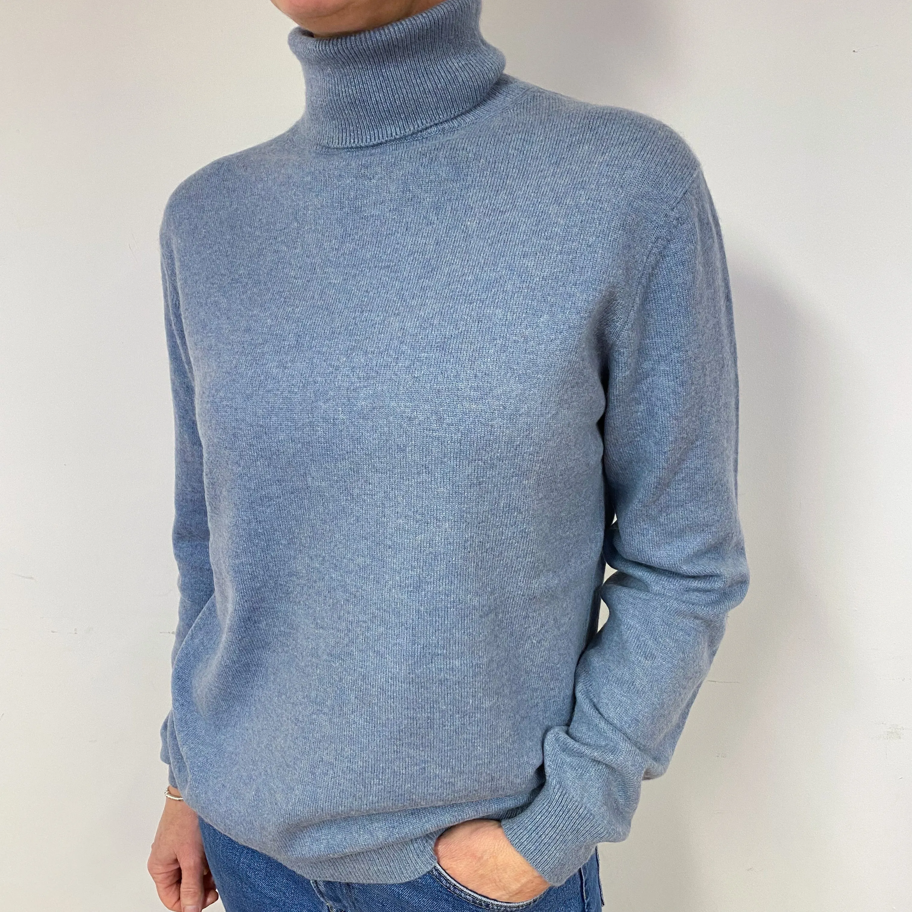 Pale Denim Blue Cashmere Polo Neck Jumper Medium