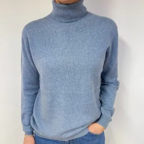 Pale Denim Blue Cashmere Polo Neck Jumper Medium
