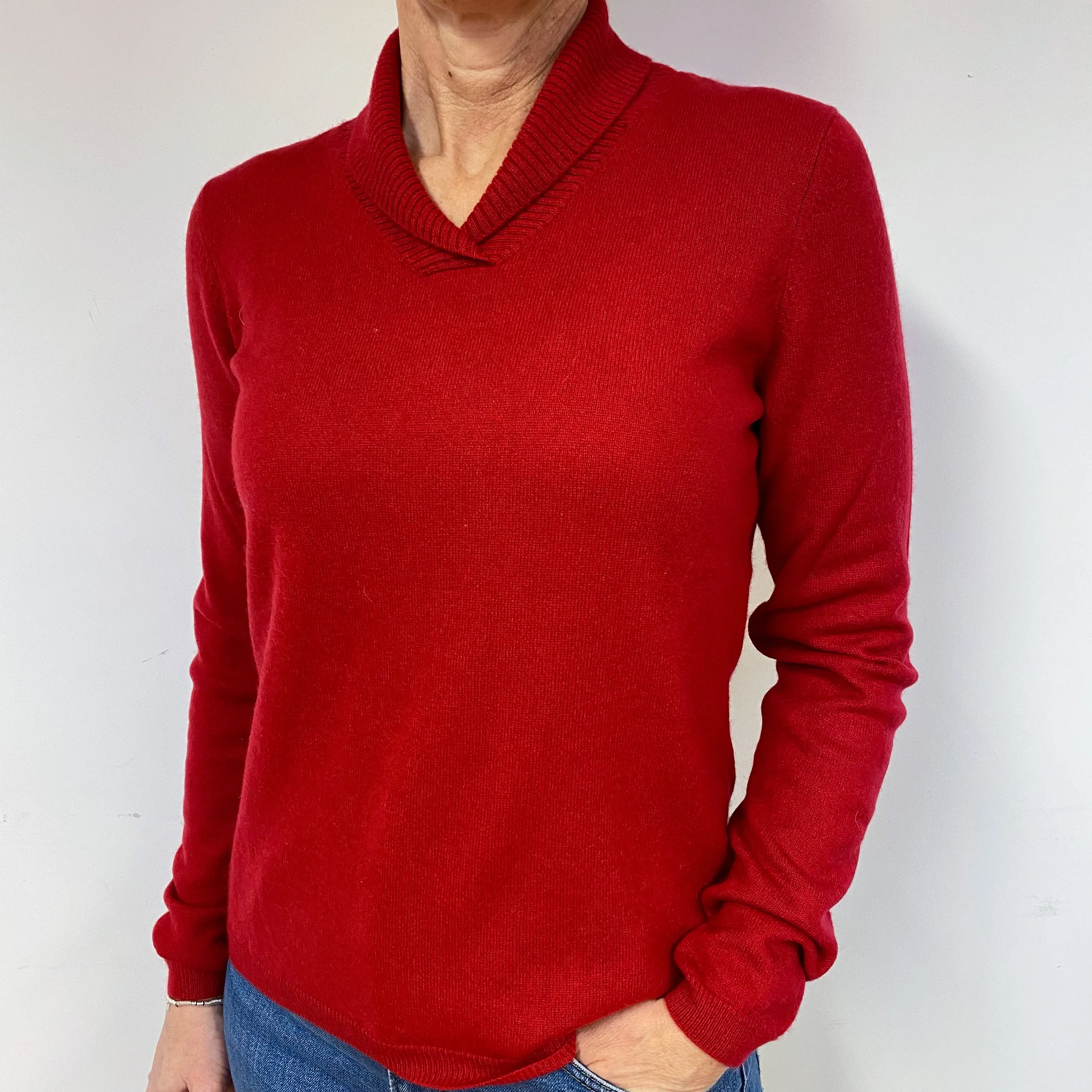 Red Shawl Collar Cashmere V-Neck Jumper Medium