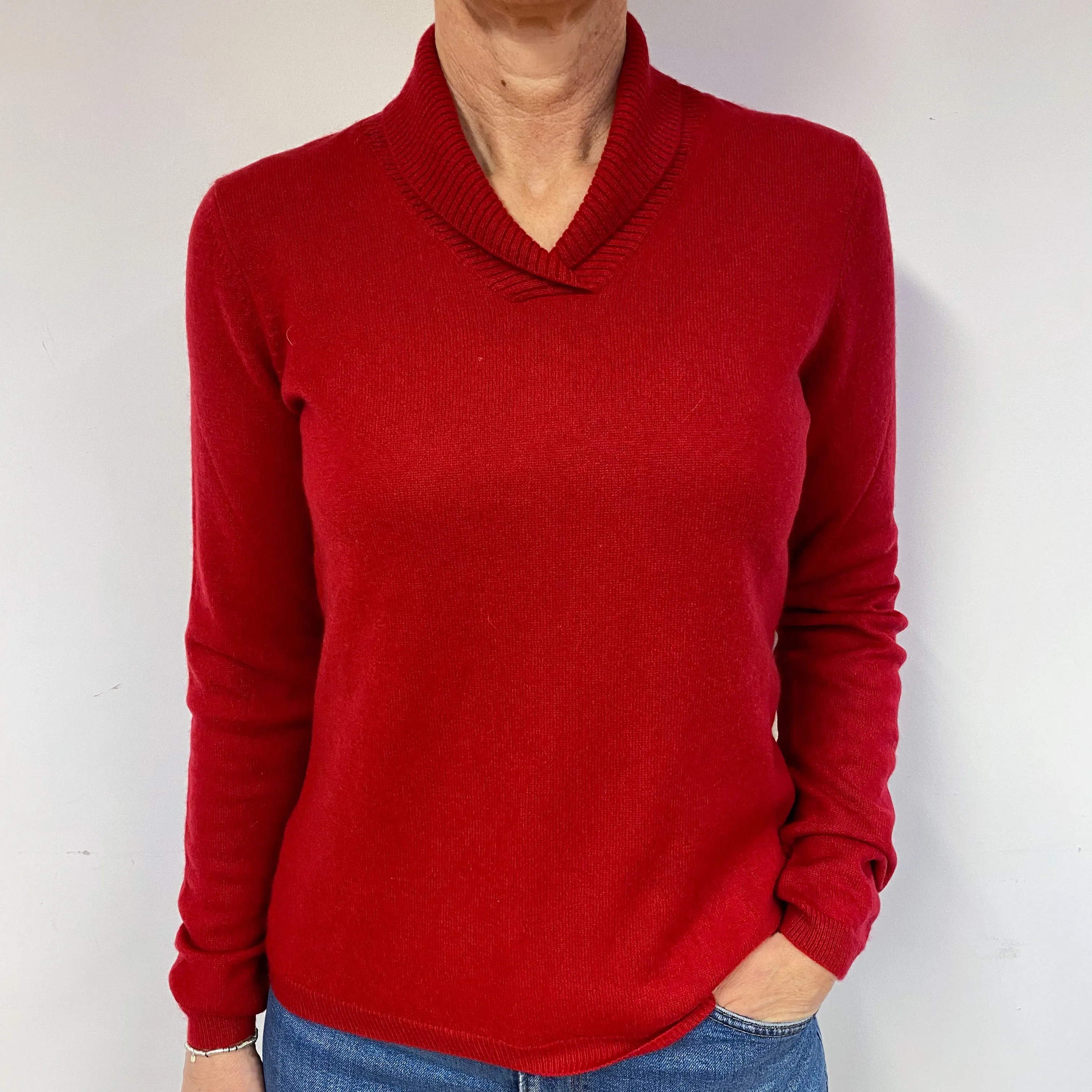 Red Shawl Collar Cashmere V-Neck Jumper Medium