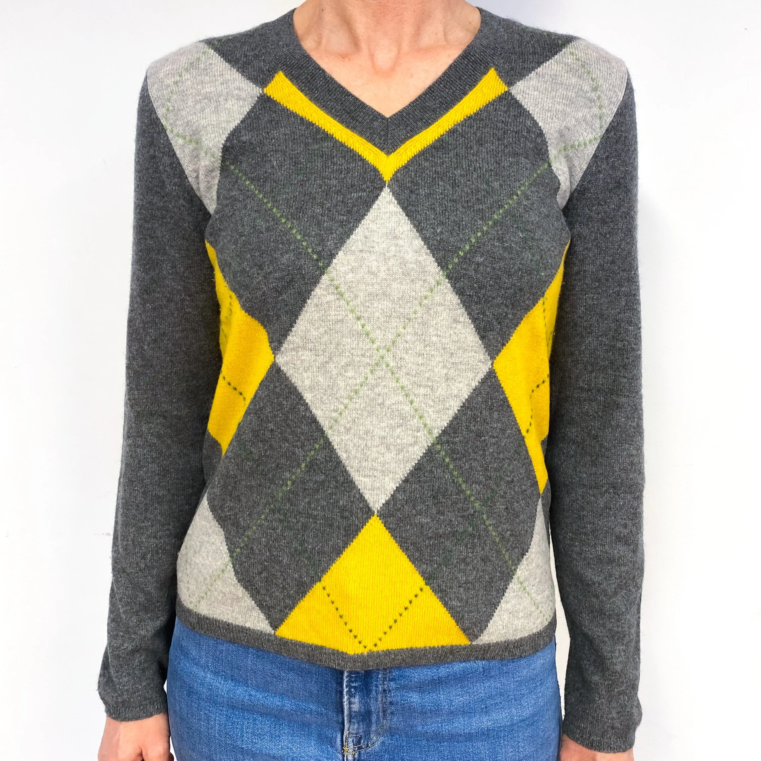 Slate, Ash Grey And Sunflower Yellow Cashmere V-Neck Jumper Medium