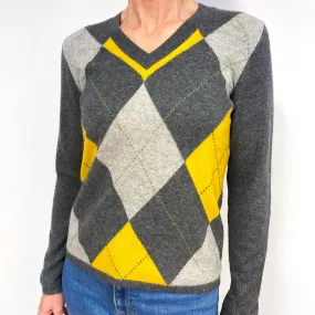 Slate, Ash Grey And Sunflower Yellow Cashmere V-Neck Jumper Medium