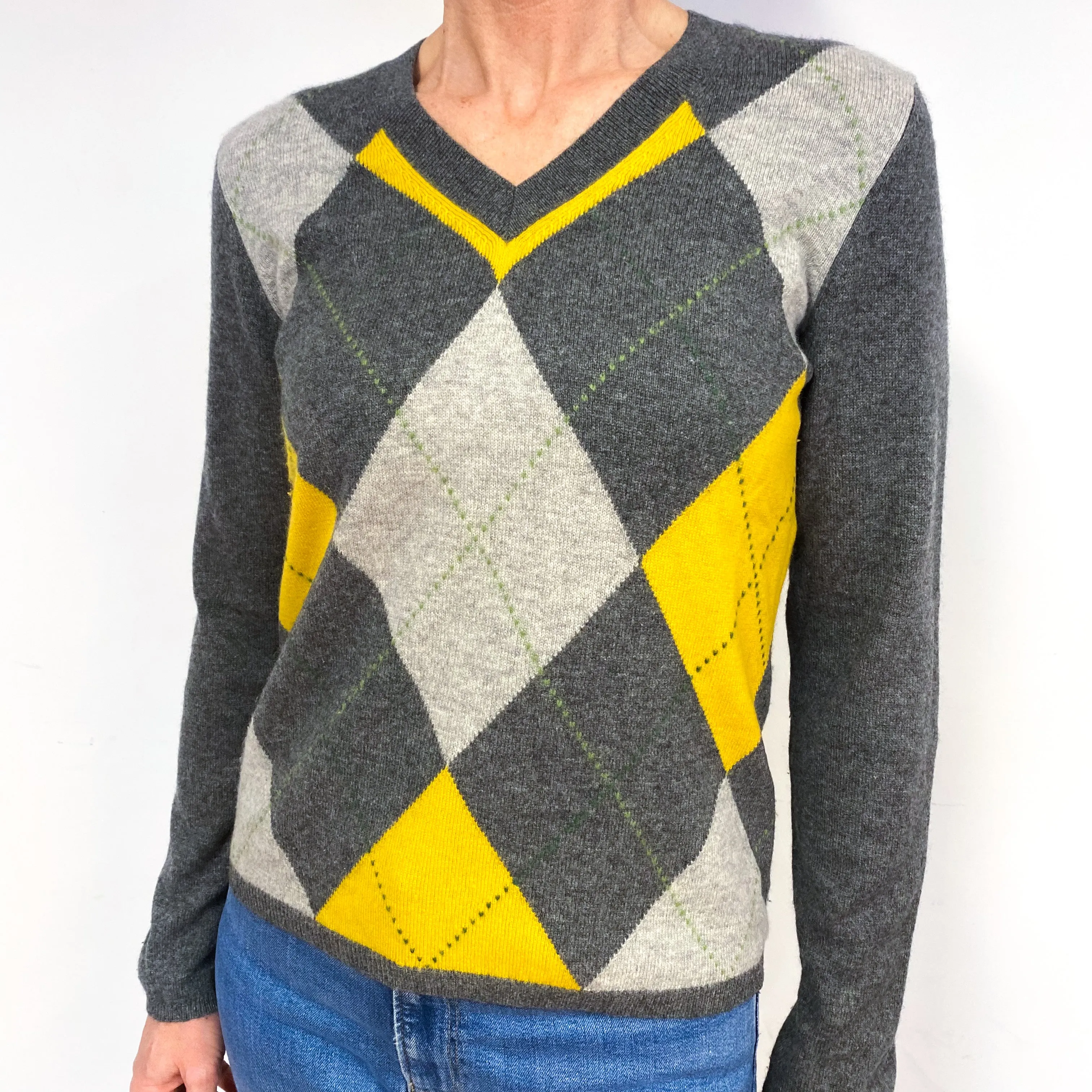 Slate, Ash Grey And Sunflower Yellow Cashmere V-Neck Jumper Medium