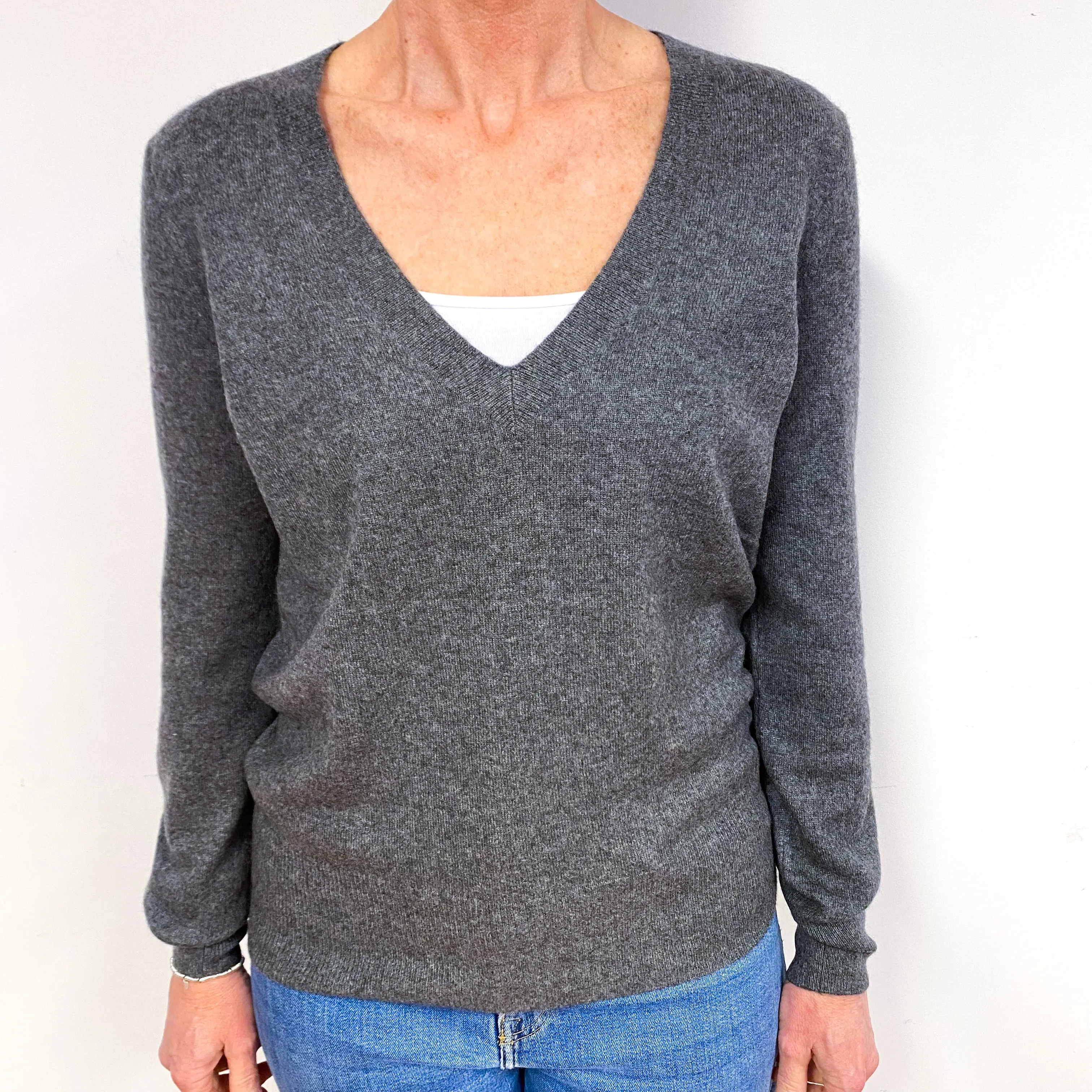 Slate Grey Cashmere Low V-Neck Jumper Medium