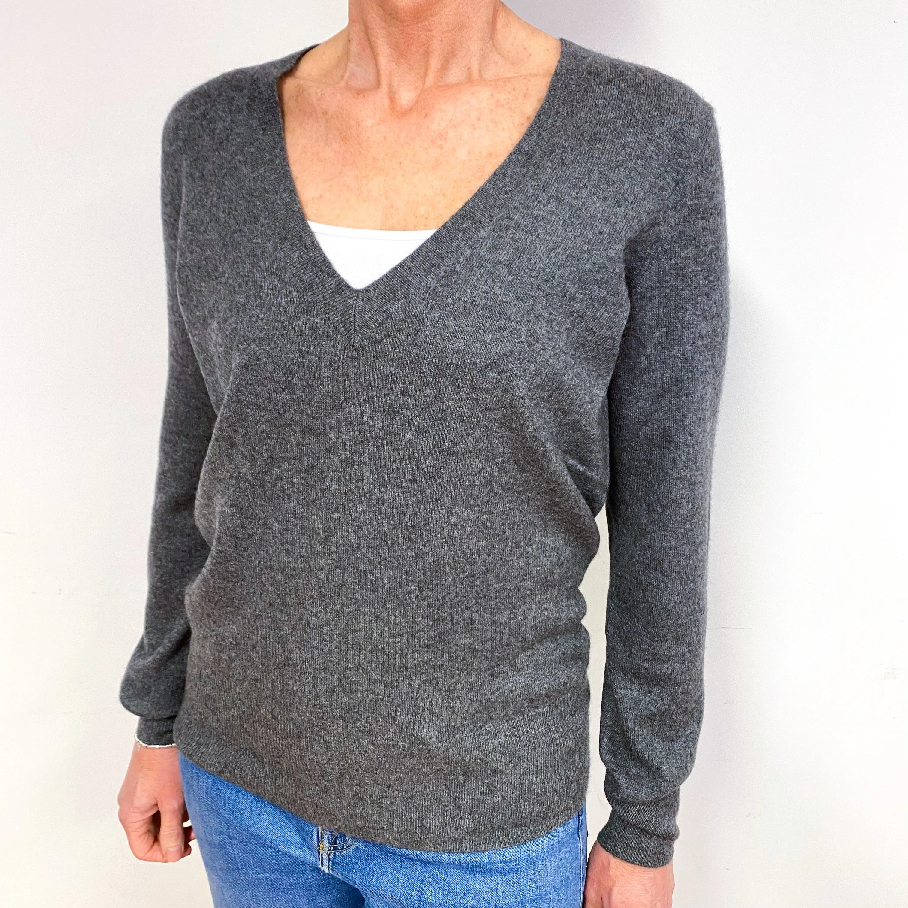 Slate Grey Cashmere Low V-Neck Jumper Medium