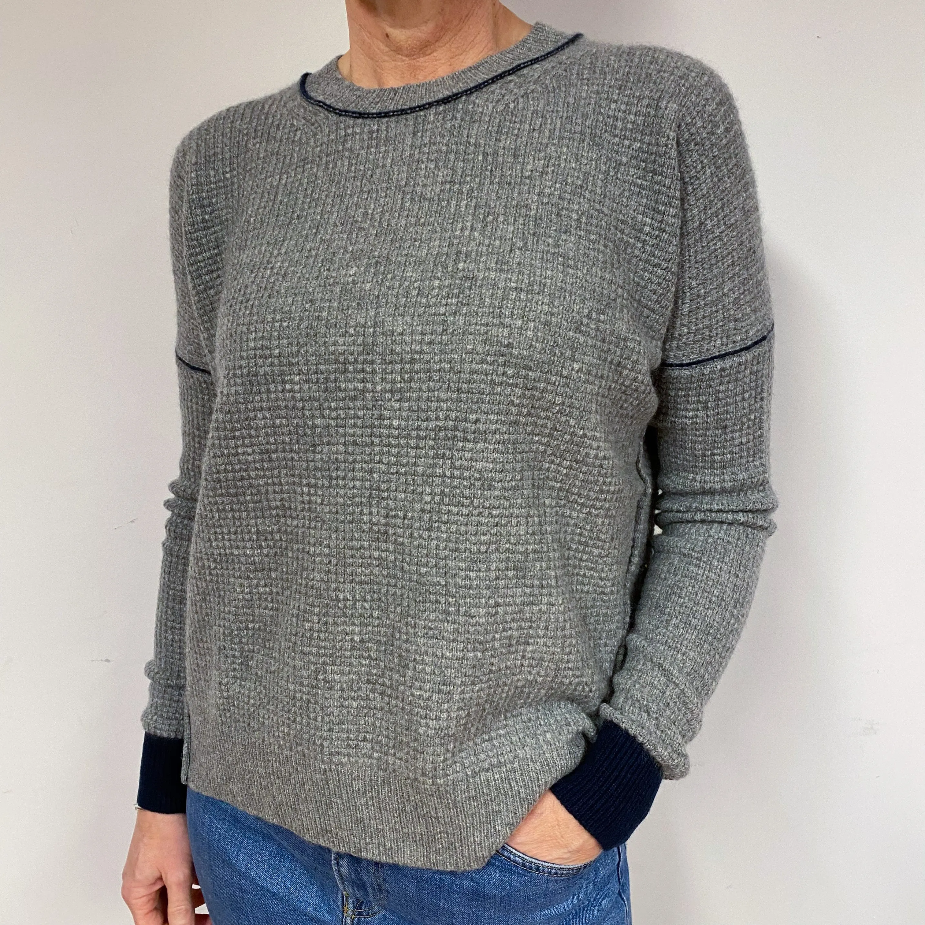 Slouchy Grey Waffle Cashmere Crew Neck Jumper Medium