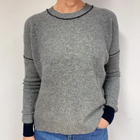 Slouchy Grey Waffle Cashmere Crew Neck Jumper Medium