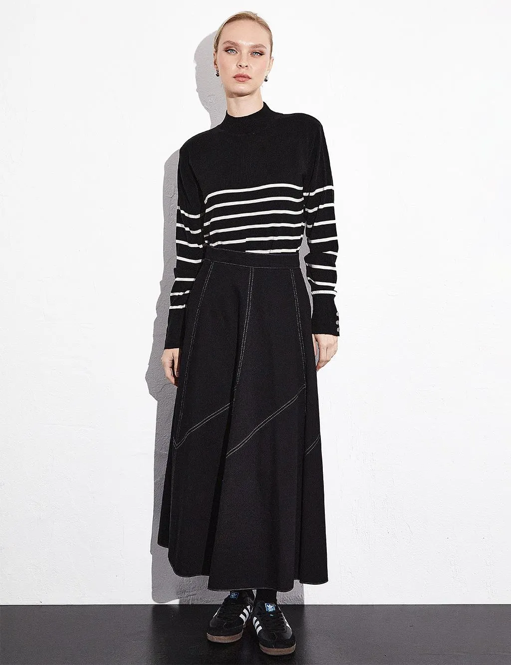 Turtleneck Striped Knitwear Blouse Black Optical White