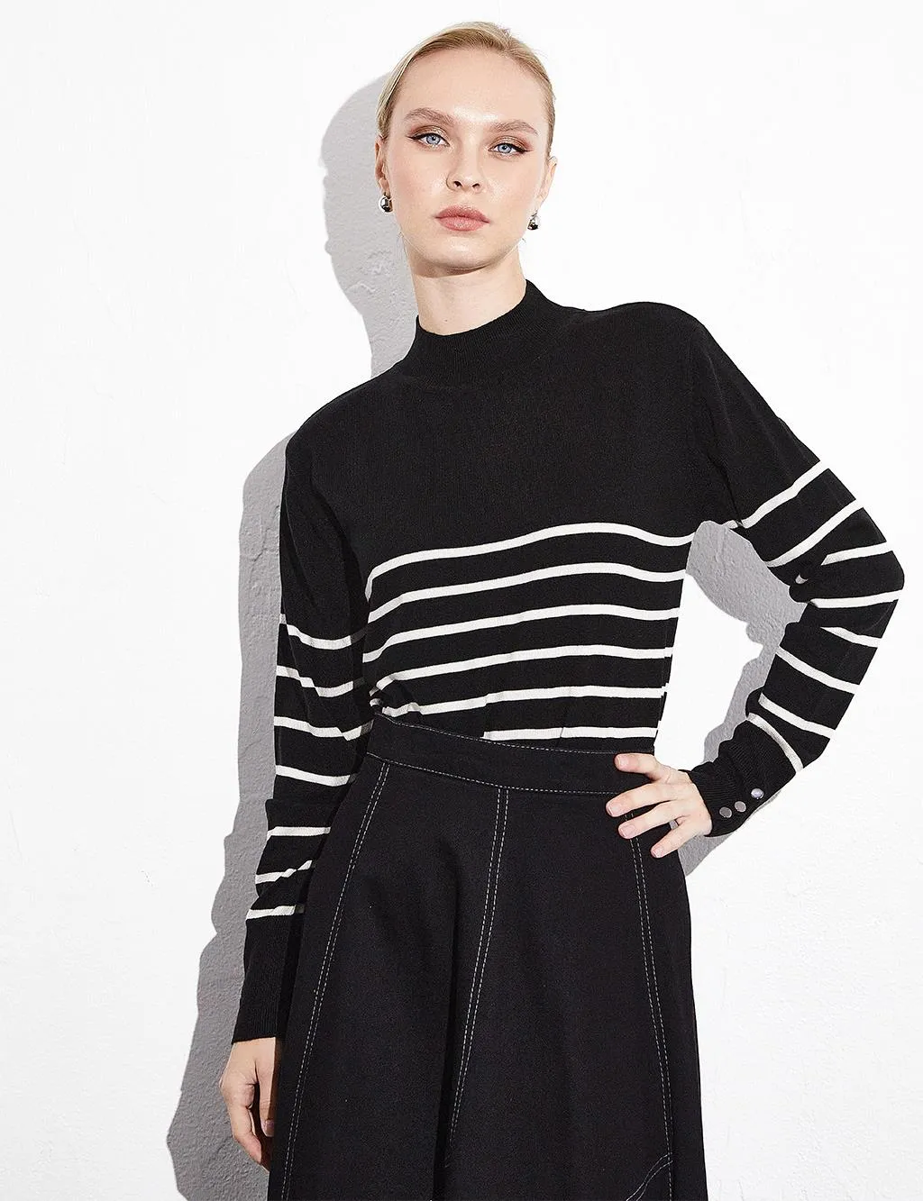 Turtleneck Striped Knitwear Blouse Black Optical White