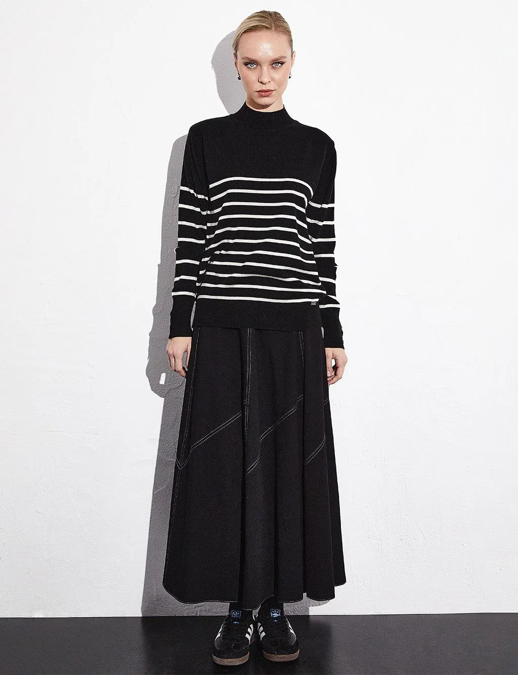 Turtleneck Striped Knitwear Blouse Black Optical White