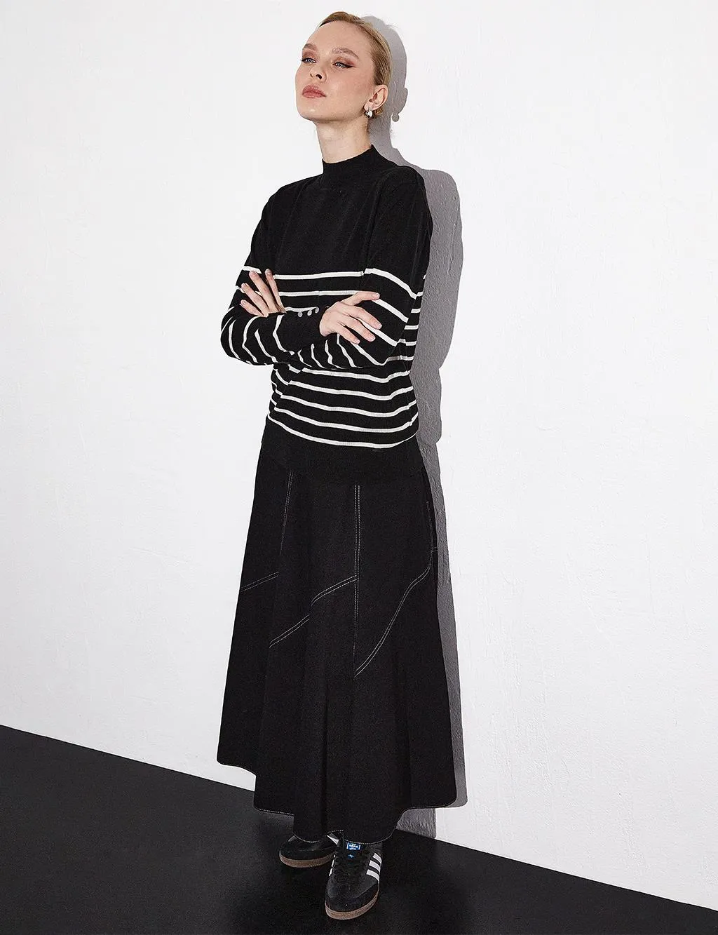 Turtleneck Striped Knitwear Blouse Black Optical White