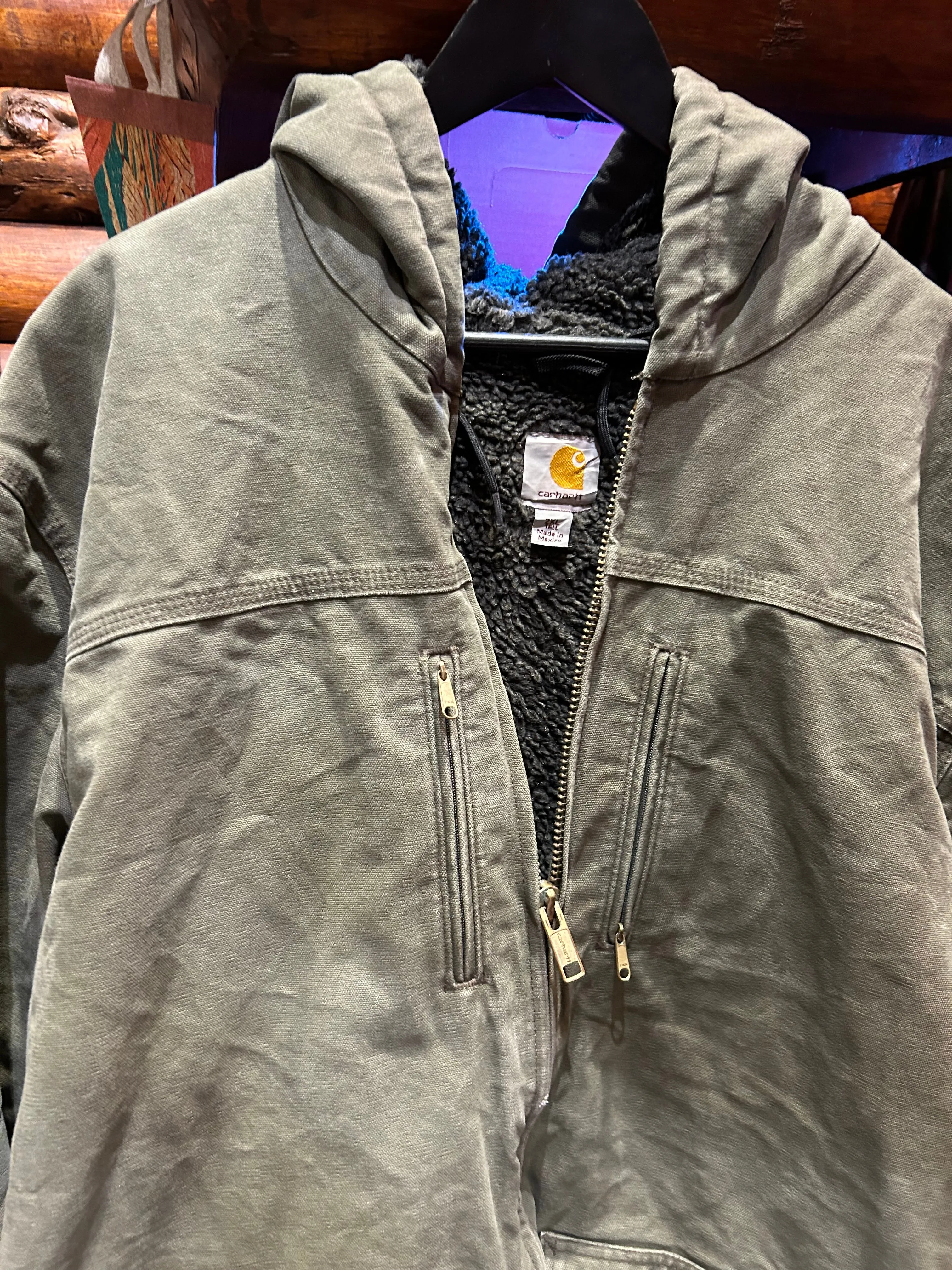 Vintage Carhartt Olive Sherpa Lined Hooded Jacket, XXL Tall
