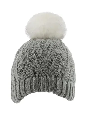 Women's Lace Knit Bobble Hat with Faux Fur Pom Pom