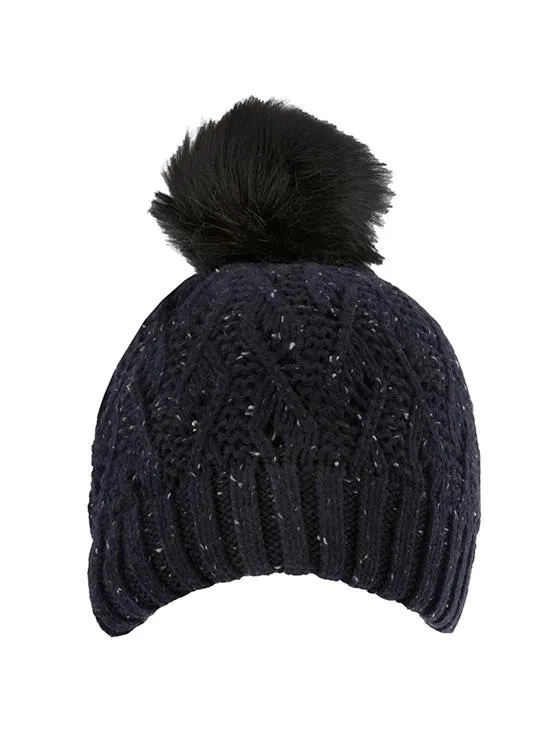 Women's Lace Knit Bobble Hat with Faux Fur Pom Pom