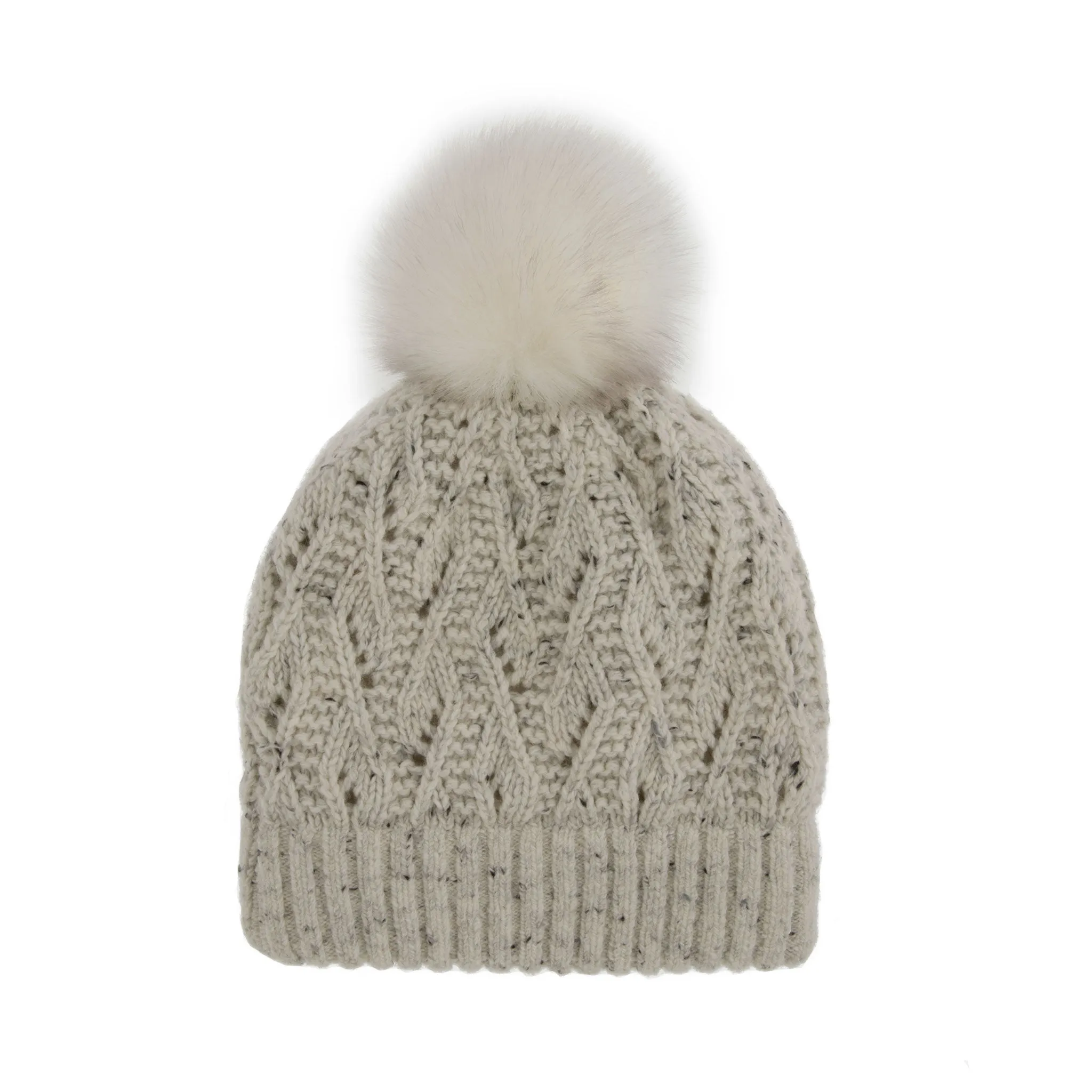 Women's Lace Knit Bobble Hat with Faux Fur Pom Pom