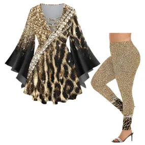 Women's Leopard Flare Sleeves Top or Skinny Leggings