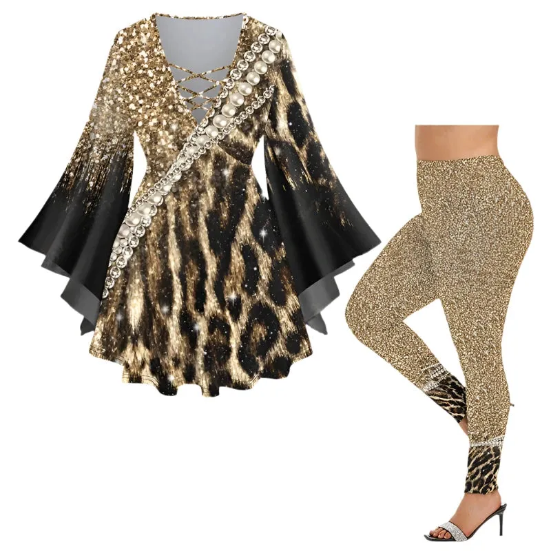 Women's Leopard Flare Sleeves Top or Skinny Leggings