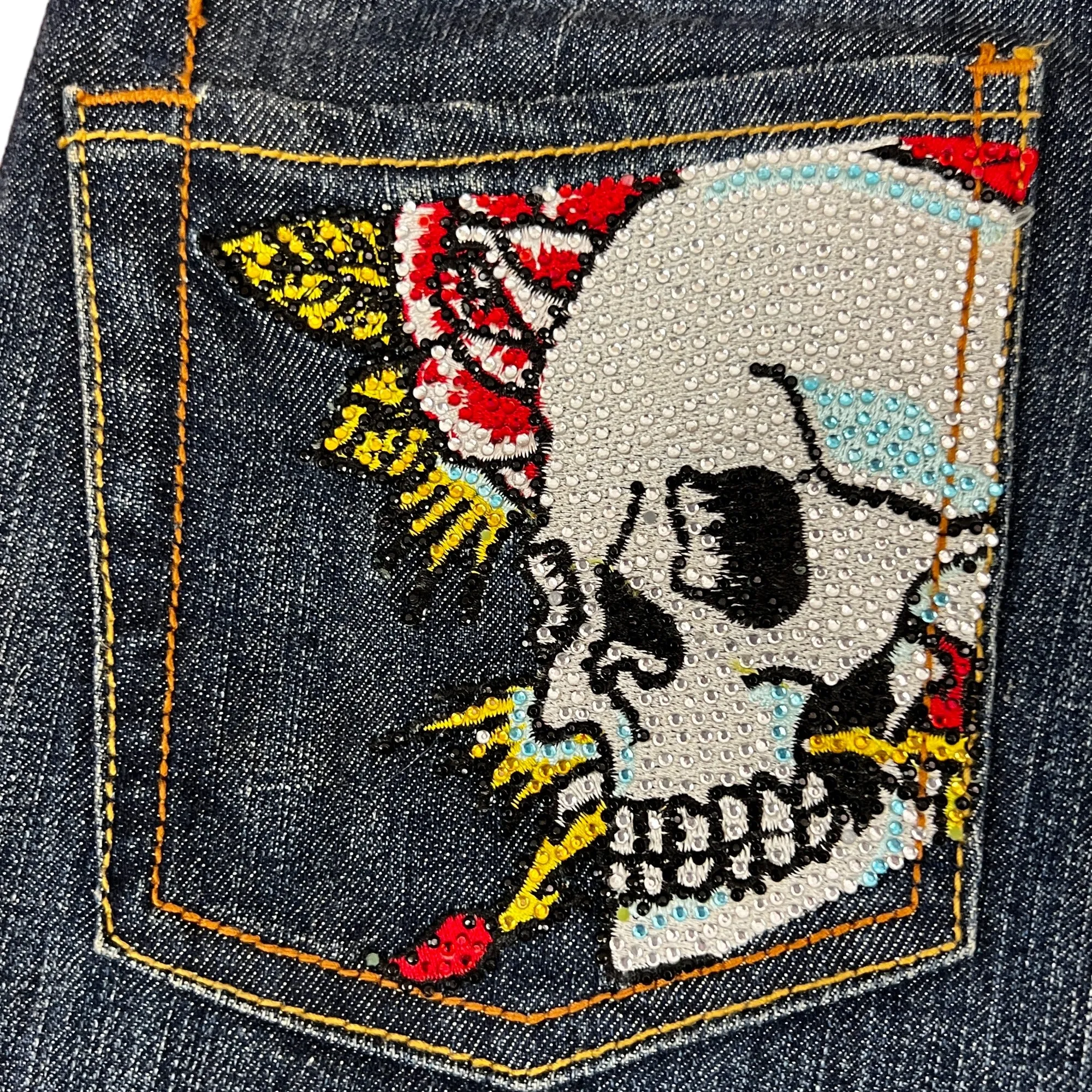 Y2K Ed Hardy Swarovski Crystal Skull Low Rise Flare Jeans Size 27