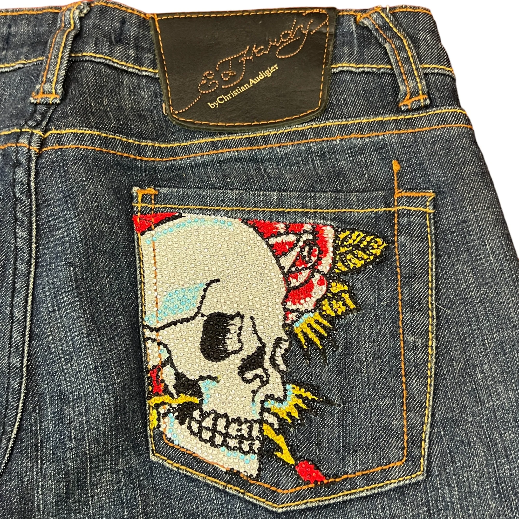 Y2K Ed Hardy Swarovski Crystal Skull Low Rise Flare Jeans Size 27