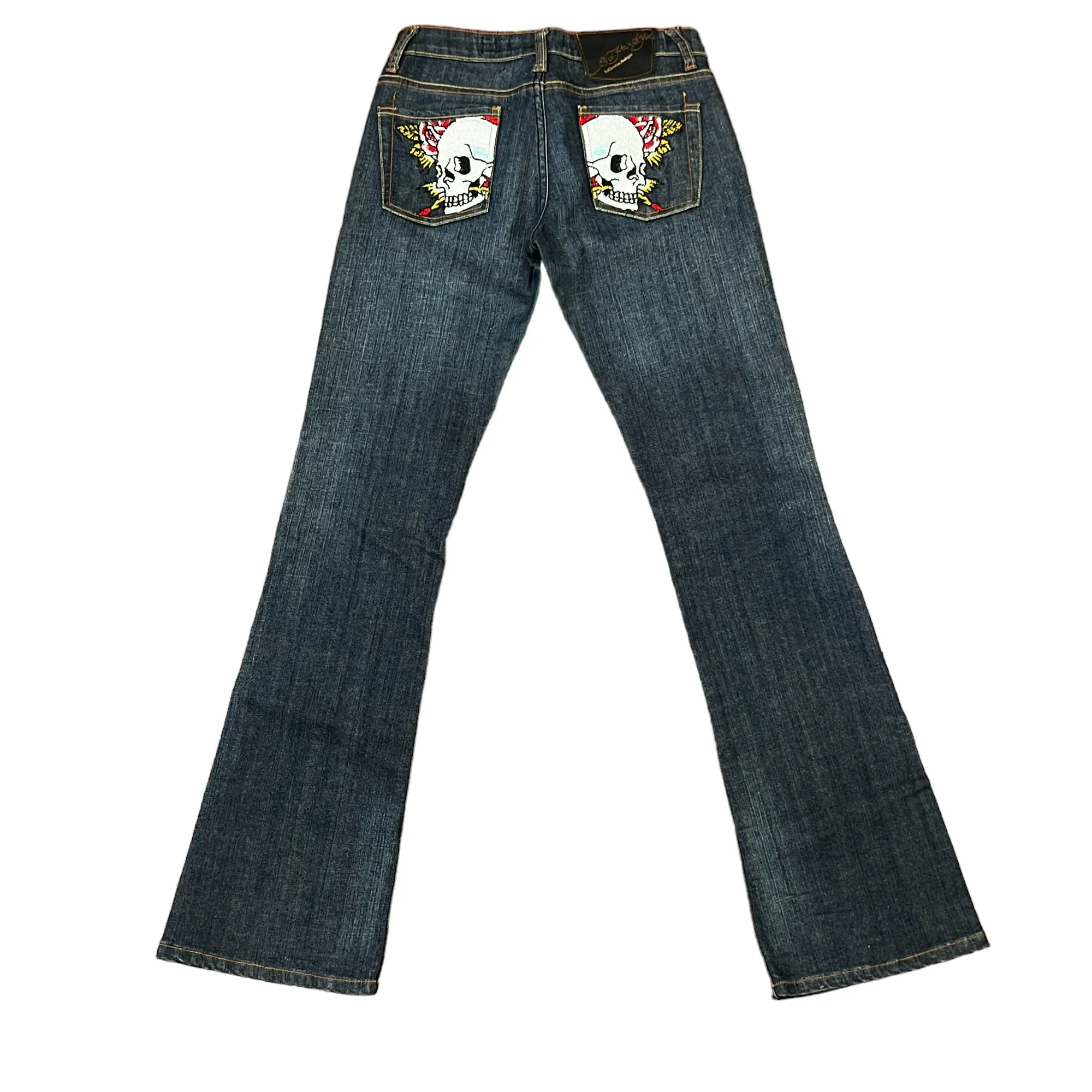 Y2K Ed Hardy Swarovski Crystal Skull Low Rise Flare Jeans Size 27